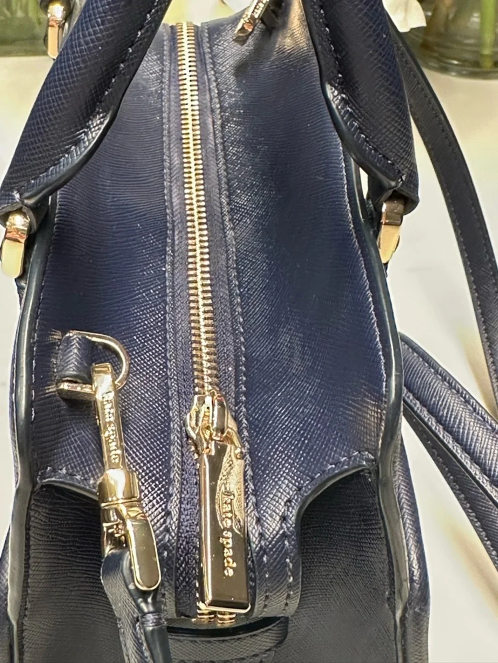 Kate Spade Madison Navy Blue Denim Floral Vase Embroidered Tote Crossbody Bag